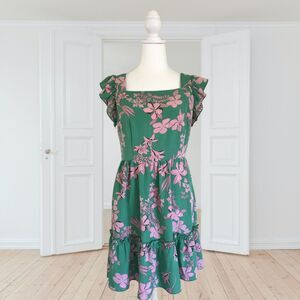 Shein Green Pink Floral Dress Short Ruffle Sleeve Ruffle Hem Size S/4